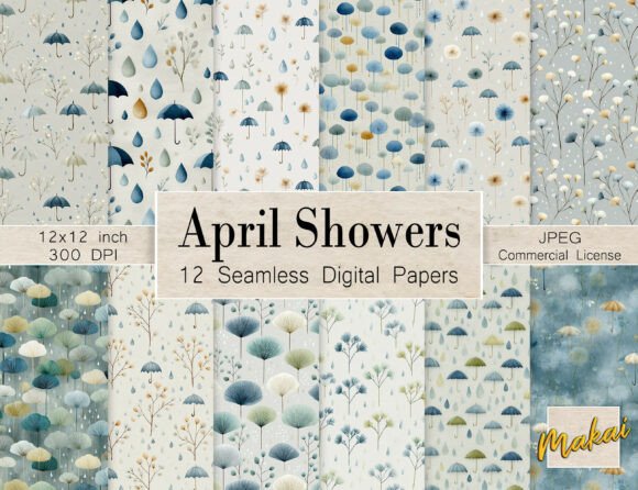 12 Seamless Watercolor Grey Blue Rain
