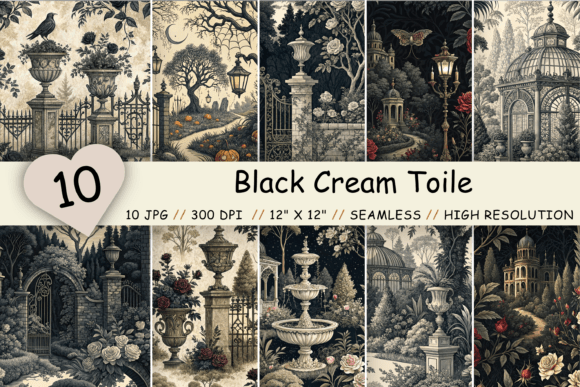 Black Cream Toile Digital Paper Pack