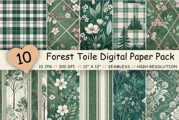 Forest Toile Digital Paper Pack, Vintage Floral Toile, Gingham Stripe Seamless Patterns