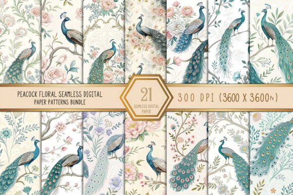 Peacock Floral Digital Paper Bundle