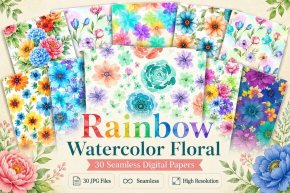 Rainbow Watercolor Floral Digital Paper: A Burst of Color and Creativity