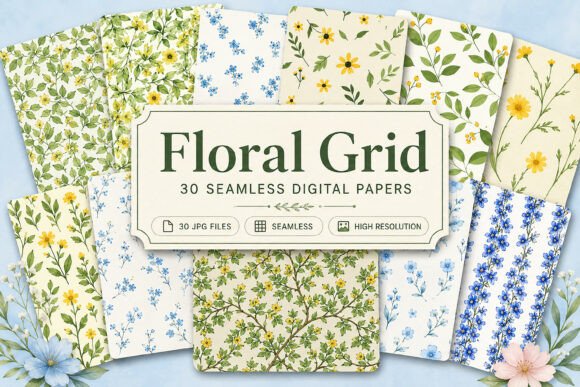Seamless Floral Grid Pattern Set